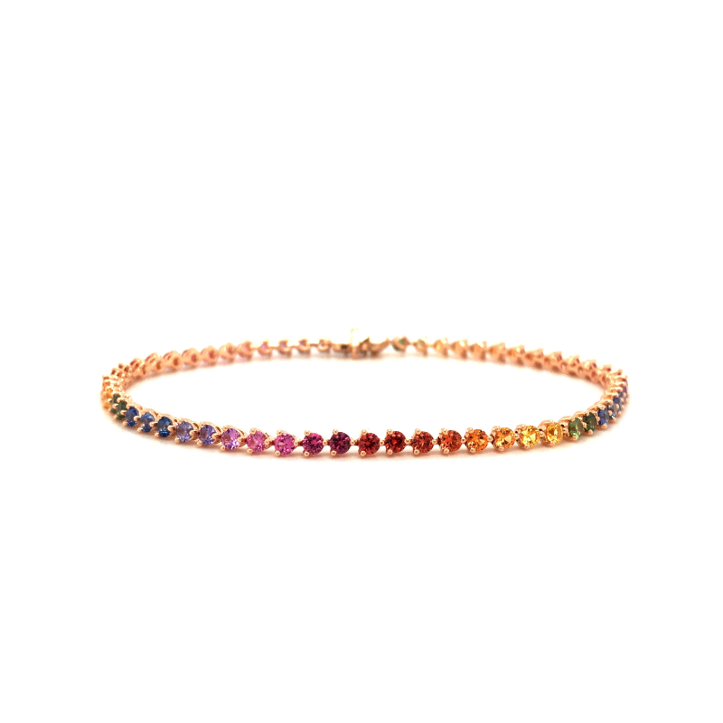 Lisa Nik 18k rose gold Colors 3-prong tennis bracelet with rainbow sapphires weighing 3.47 carats total weight