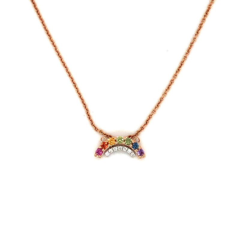 Lisa Nik 18k rose gold Rainbow curve bar necklace with multi-color sapphires weighing 0.14 carat total weight and round diamonds weighing 0.03 carat total weight