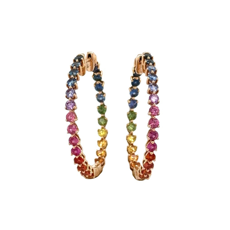 Lisa Nik 18k rose gold Color 3-prong inside outside hoop earrings with rainbow sapphires weighing 2.94 carats total weight
