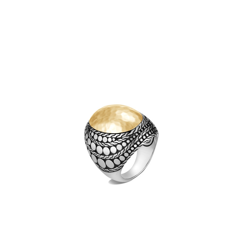 John Hardy sterling silver and 18k bonded yellow gold Dot hammered dome ring, size 7