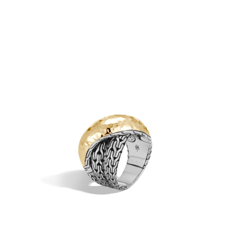 Classic Chain Hammered 18K Gold and Silver Crossover Ring, Size 7 BG