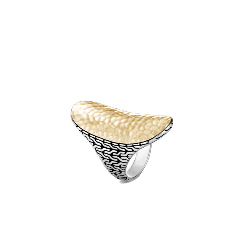 John Hardy sterling silver and 18k bonded yellow gold Classic Chain hammered saddle ring, 4.5-35.5mm ring, size 8
