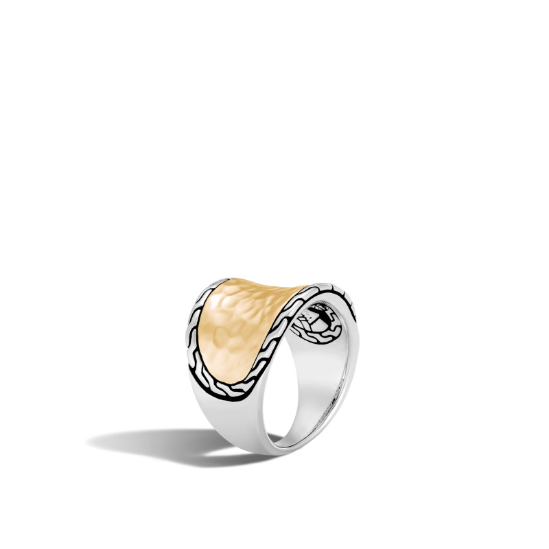 John Hardy sterling silver and 18k yellow gold Classic Chain small hammered saddle ring, 3.5mm to 16.5mm wide ring, size 7