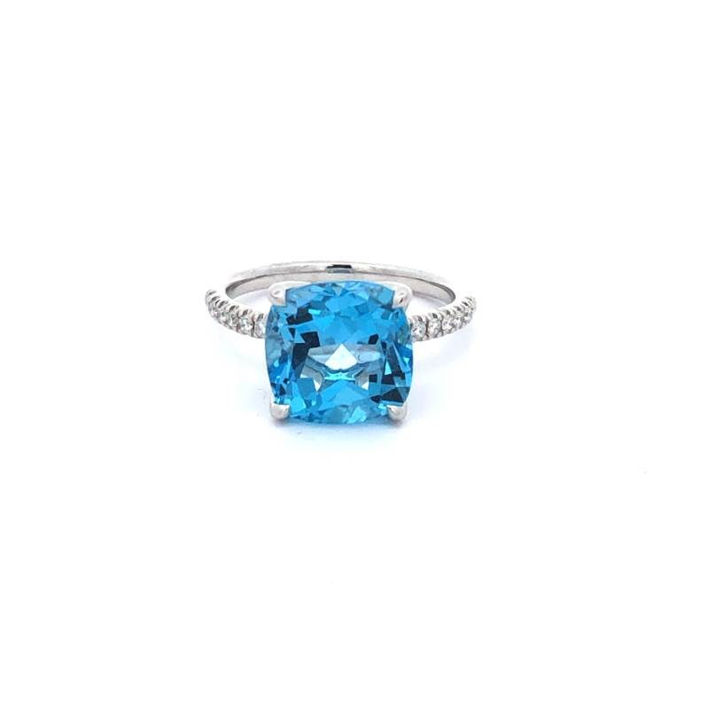 Lisa Nik 18k white gold rhodium plated Rocks cushion Swiss blue topaz ring with diamonds, 10mm Swiss blue topaz with diamonds weighing 0.14 carat total weight, size 6