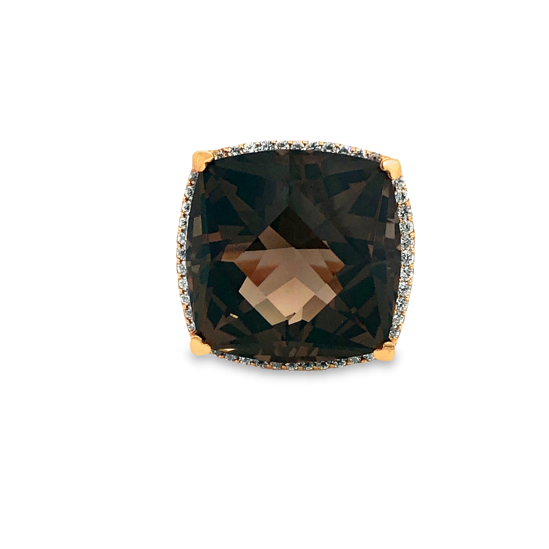 Lisa Nik 18k rose gold 17mm square smokey quartz ring with diamonds weighing .33 carat total weight.