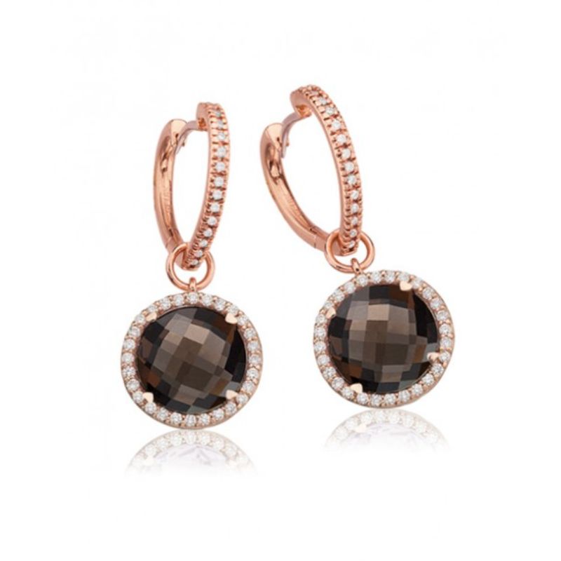 Lisa Nik 18k rose gold Rocks round smokey quartz detachable ear drops with diamonds, 11mm smokey quartz with diamonds weighing 0.40 carat total weight