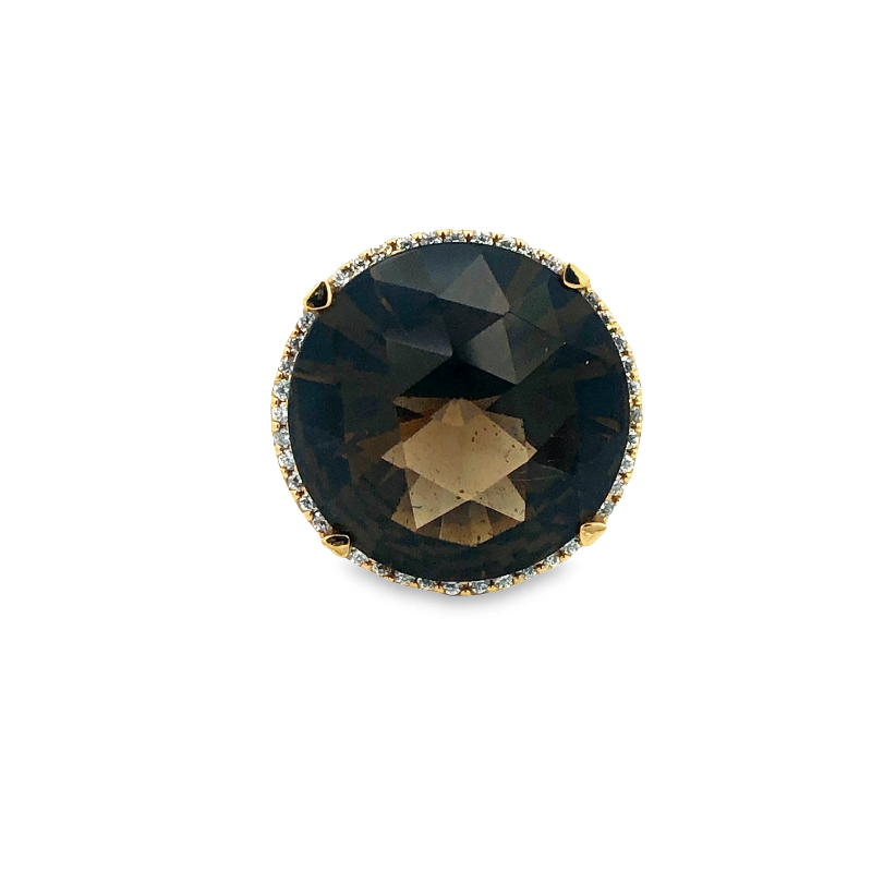 Lisa Nik 18k rose gold Rocks 17mm round smokey quartz ring with diamond halo weighing 0.30 carat total weight