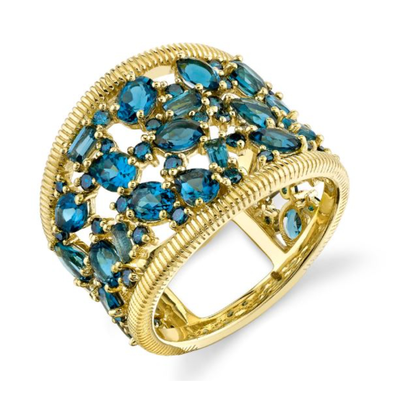 Sloane Street 18K Yellow Gold London Blue Topaz And Blue Diamond Cluster Ring