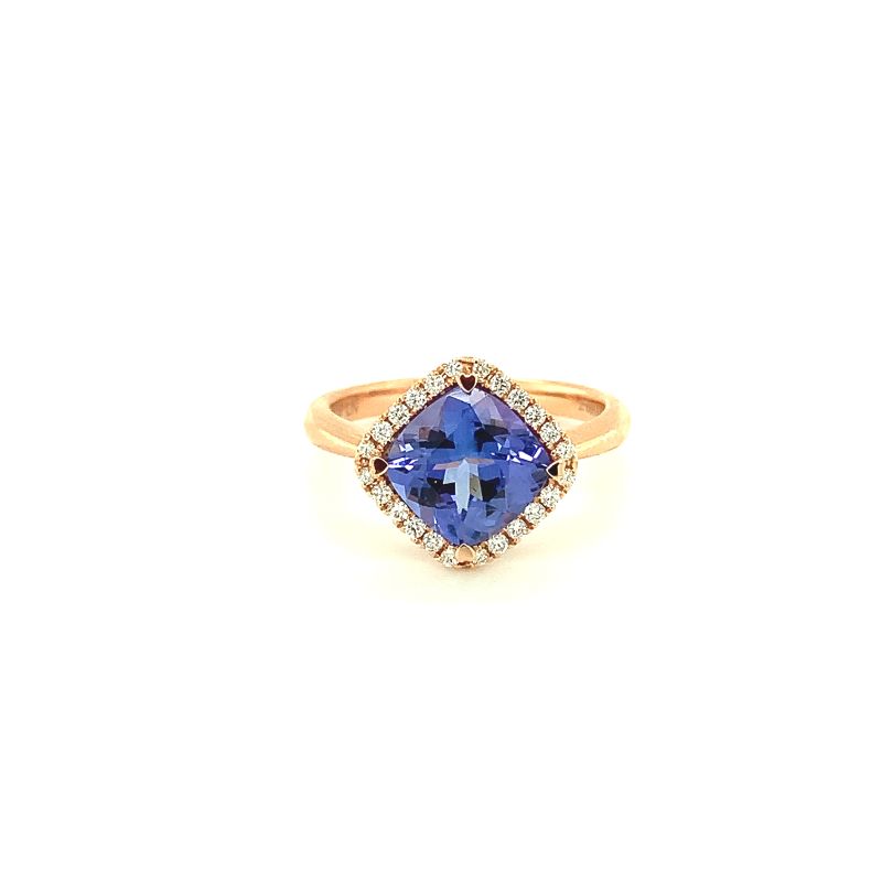 Lisa Nik 18k rose gold Rocks 8mm cushion shape tanzanite ring with diamonds weighing 0.15 carat total weight