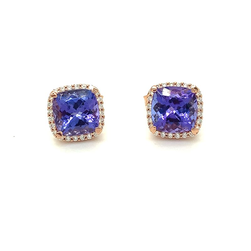 Lisa Nik 18k rose gold Rocks 8mm cushion tanzanite stud earrings with diamonds weighing 0.30 carat total weight