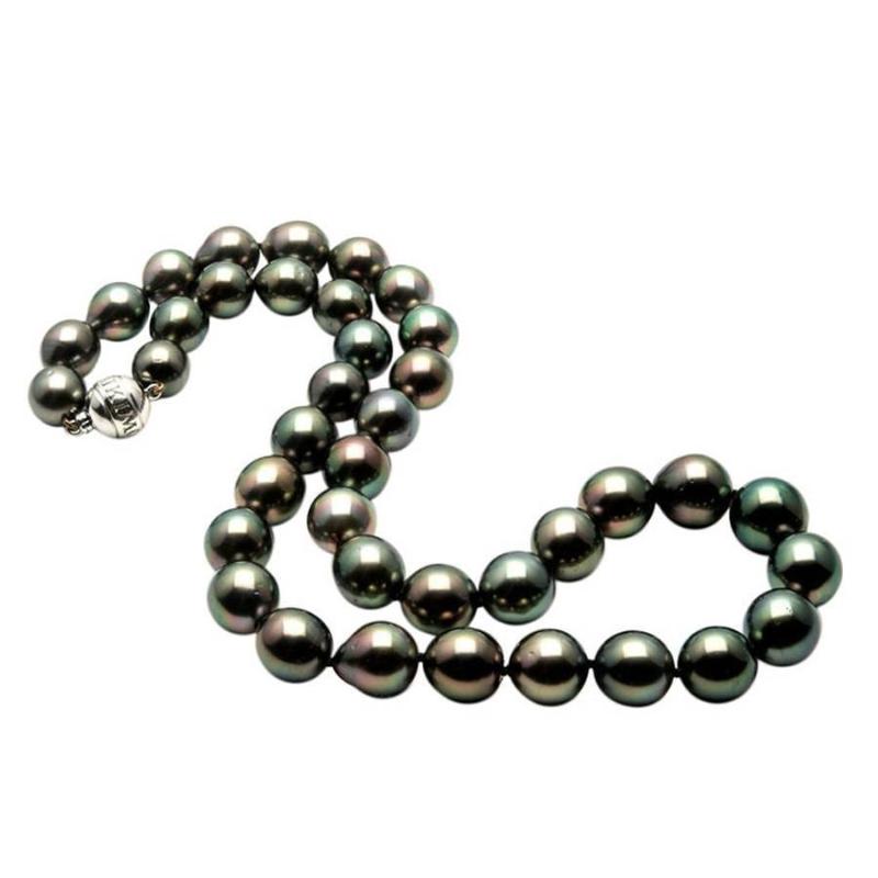 Mikimoto 18k white gold black Tahitian pearl strand necklace, 10x14mm pearls, 18" long necklace