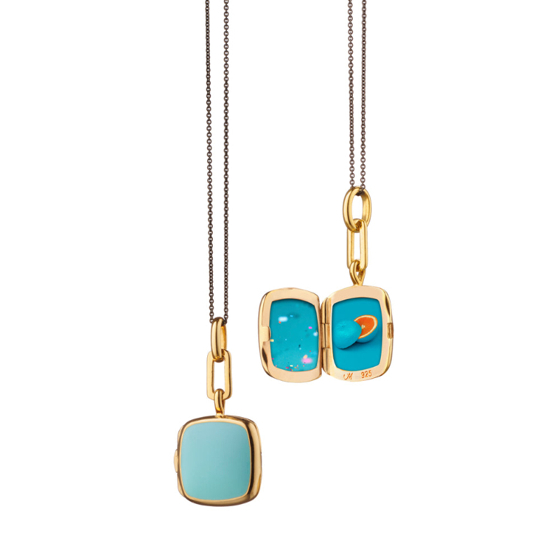 Monica Rich Kosann 18K Yellow Gold Vermeil Over Sterling Silver Cushion Shape Turquoise Enamel Locket On Black Steel Chain 17"