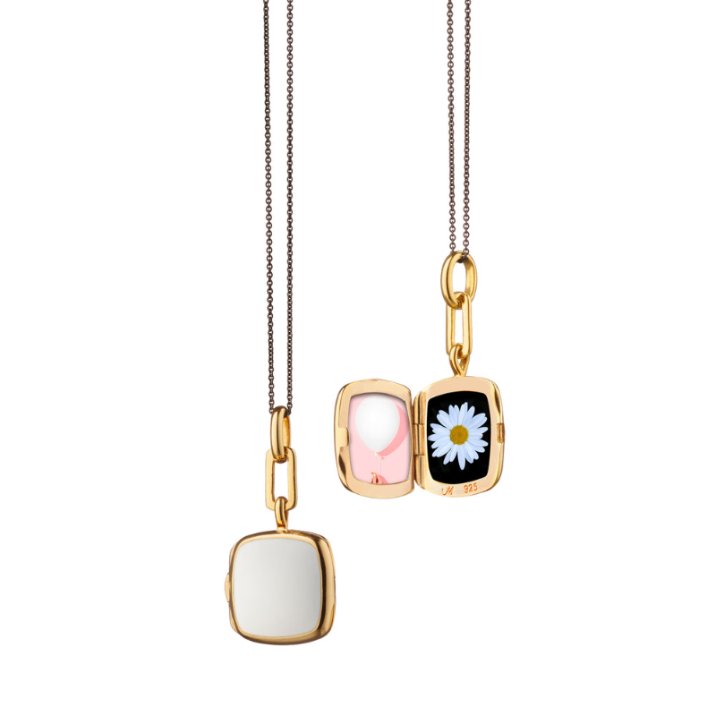 Monica Rich Kosann 18K Yellow Gold Vermeil Over Sterling Silver Cushion Shape White Enamel Locket On Black Steel Chain 17"