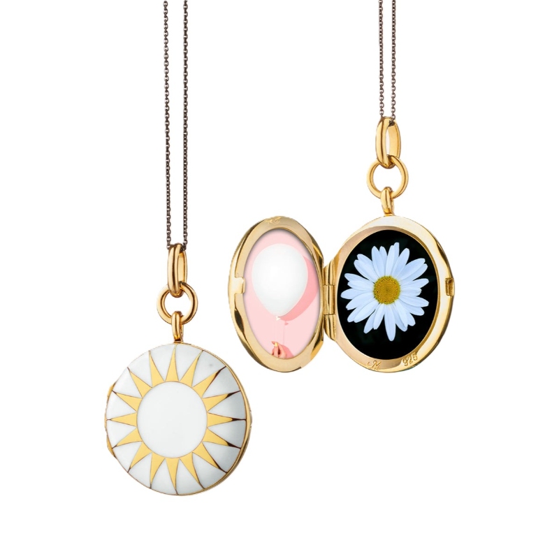 Monica Rich Kosann 18K Yellow Gold Locket X Color White Enamel Round Sun Pendant Necklace