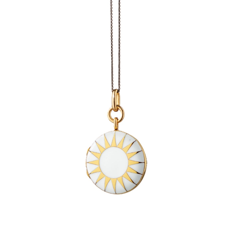 Monica Rich Kosann 18K Yellow Gold Locket X Color White Enamel Round Sun Pendant Necklace