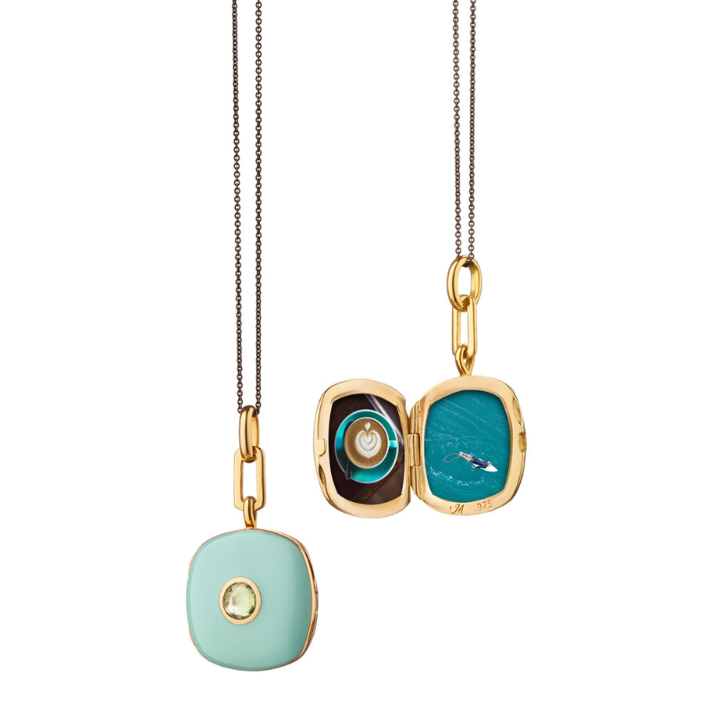 Monica Rich Kosann 18K Yellow Gold Vermeil Over Sterling Silver Cushion Shape Green Enamel And Green Sapphire Locket