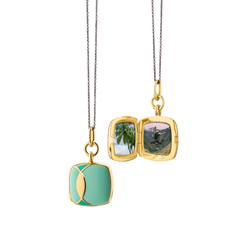 Monica Rich Kosann 18K Yellow Gold Locket X Color Green Enamel Cushion Deco Pendant Necklace