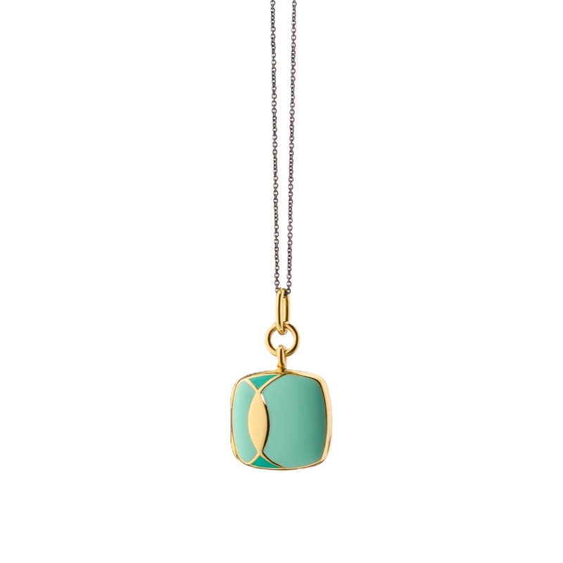 Monica Rich Kosann 18K Yellow Gold Locket X Color Green Enamel Cushion Deco Pendant Necklace