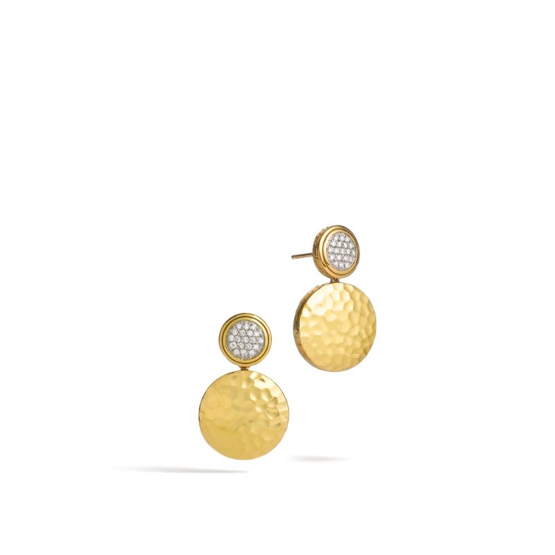 18K Yellow Gold Dot Hammered Double Drop Earrings
