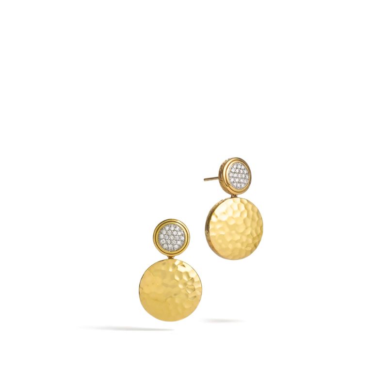 John Hardy 18k yellow gold Dot hammered double drop earrings with diamonds, 27.5mm earrings with diamonds weighing 0.28 carat total weight