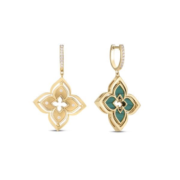 Roberto Coin 18k Yellow Gold Venetian Princess Pirouette Diamond & Malachite Flower Earrings