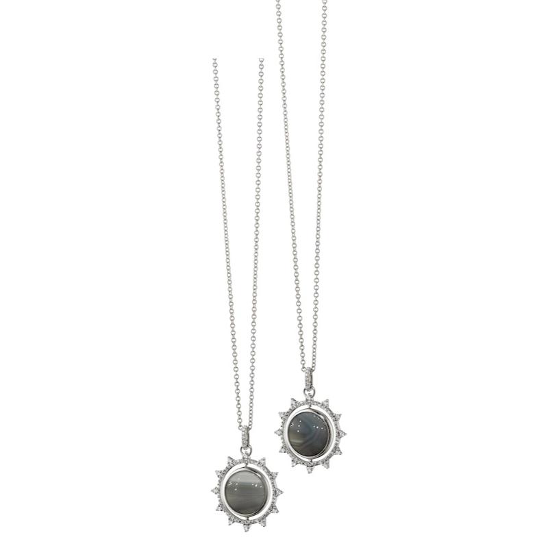 Monica Rich Kosann 18K White Gold Rhodium Plated Banded Agate And Diamond Spinning Charm Necklace