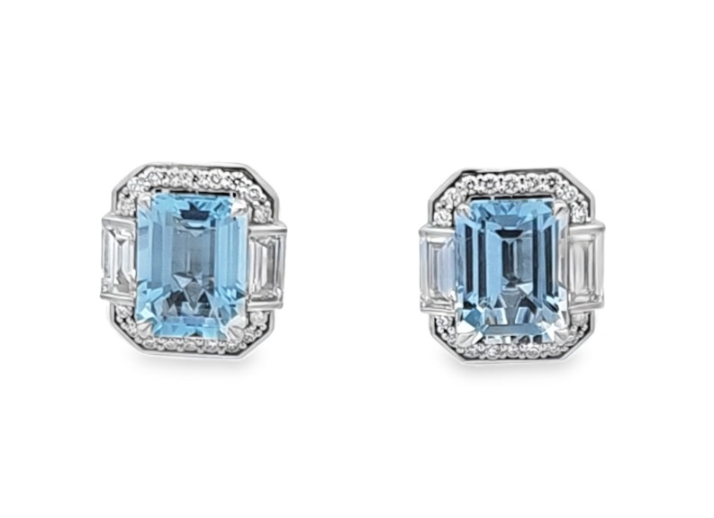 18K White Gold Aquamarine Halo Stud Earrings