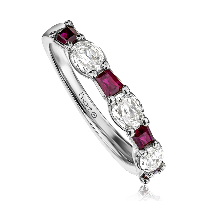 Christopher Designs 14K White Gold Rhodium Plated East West Ruby And Diamond Ring