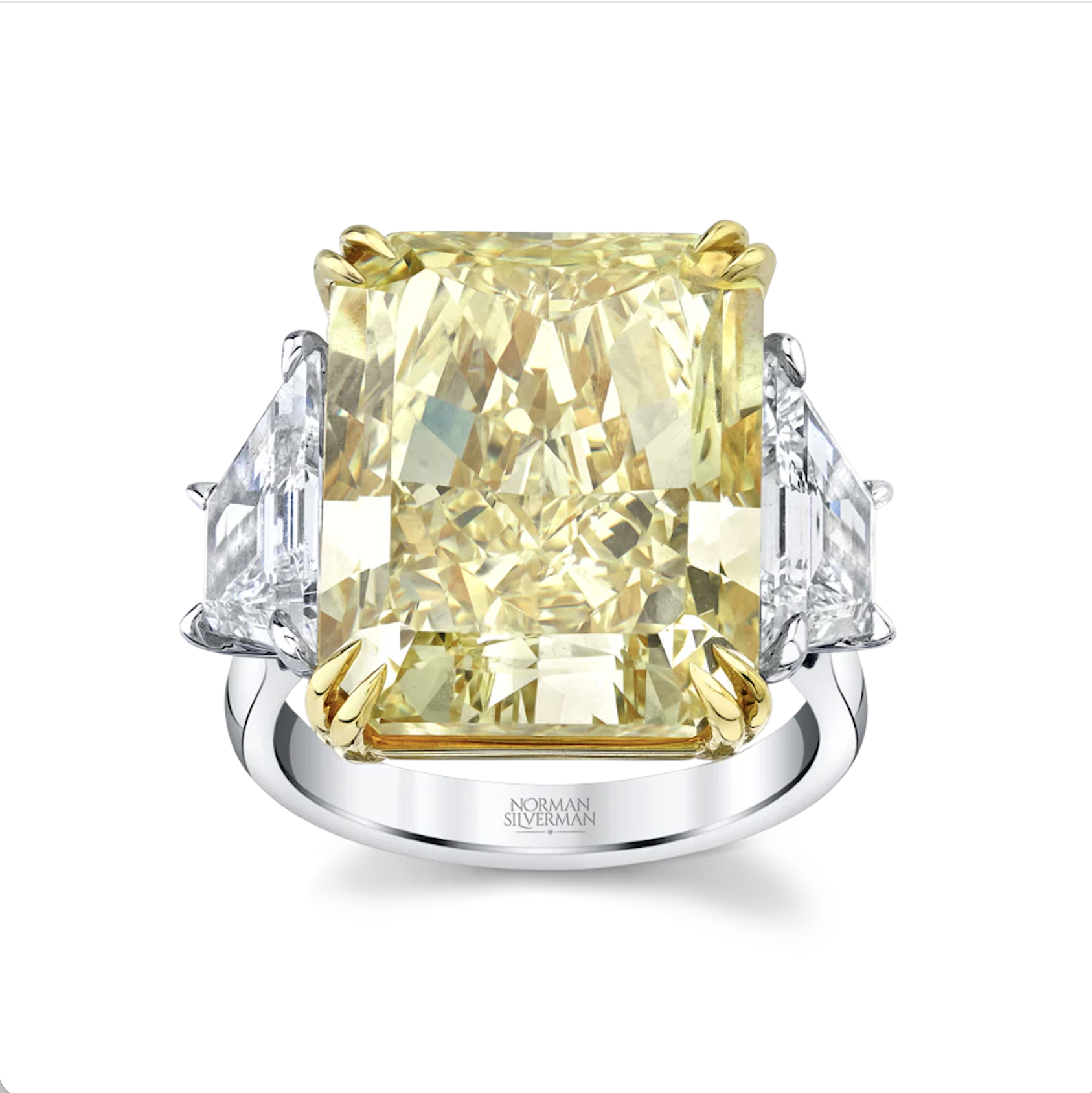 Norman Silverman Radiant Fancy Intense Yellow Diamond Three-Stone Ring