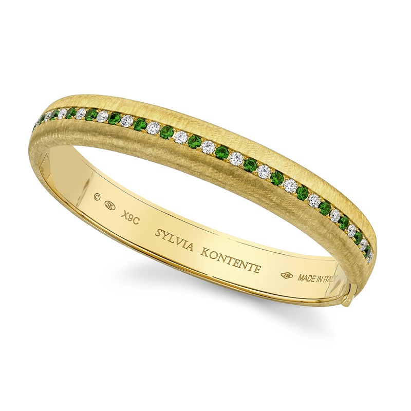 Sylvia Kontente 18K Yellod Gold Bangle With Diamonds & Emeralds