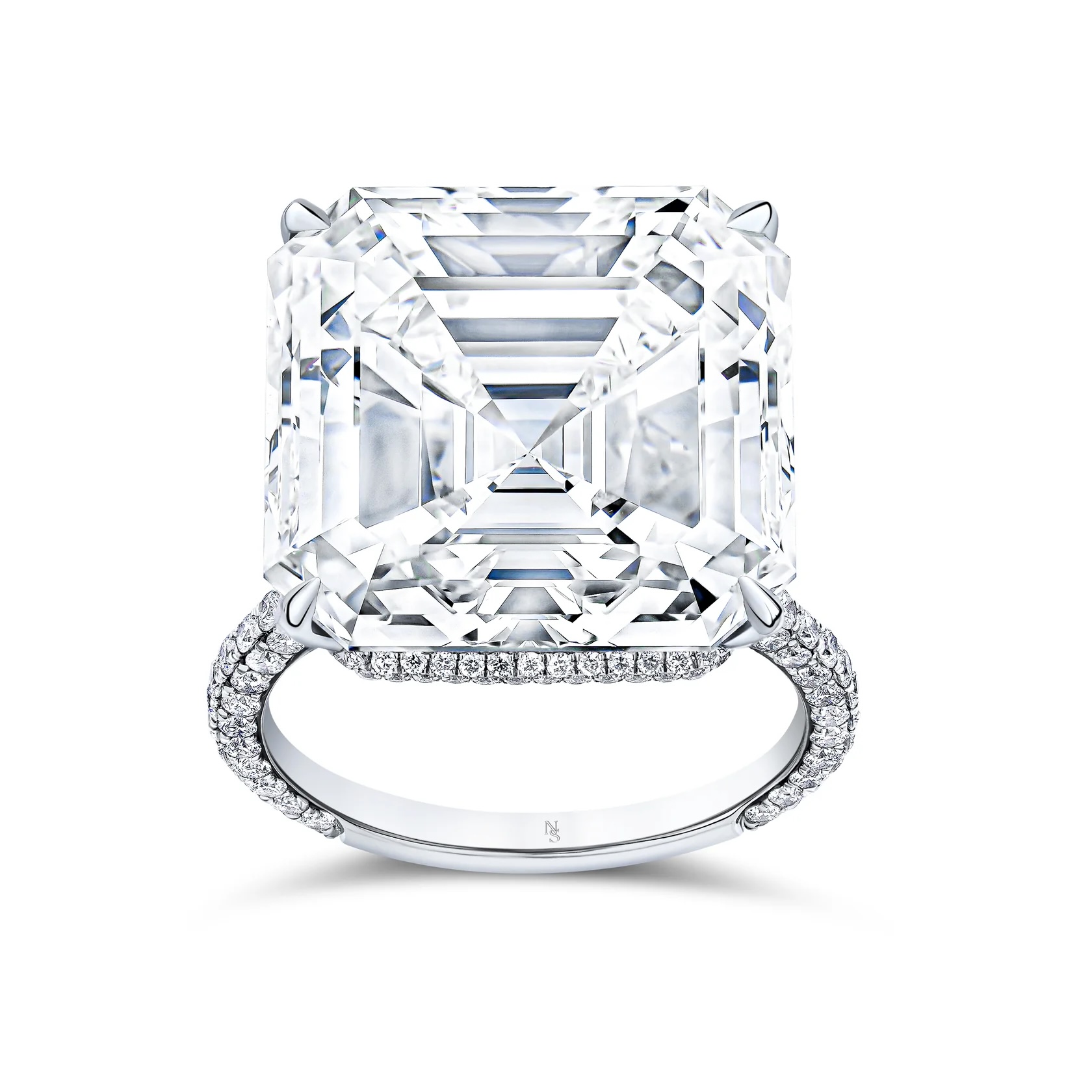 Norman Silverman Asscher Diamond Ring with Pavé Band